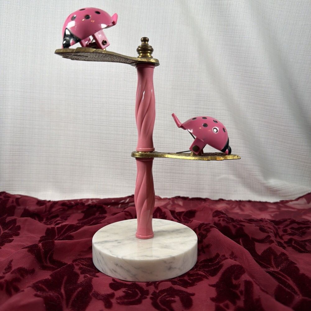 Vintage Allied Brass Pink Ladybug Tiered Memo Photo Clip Stand Marble Base